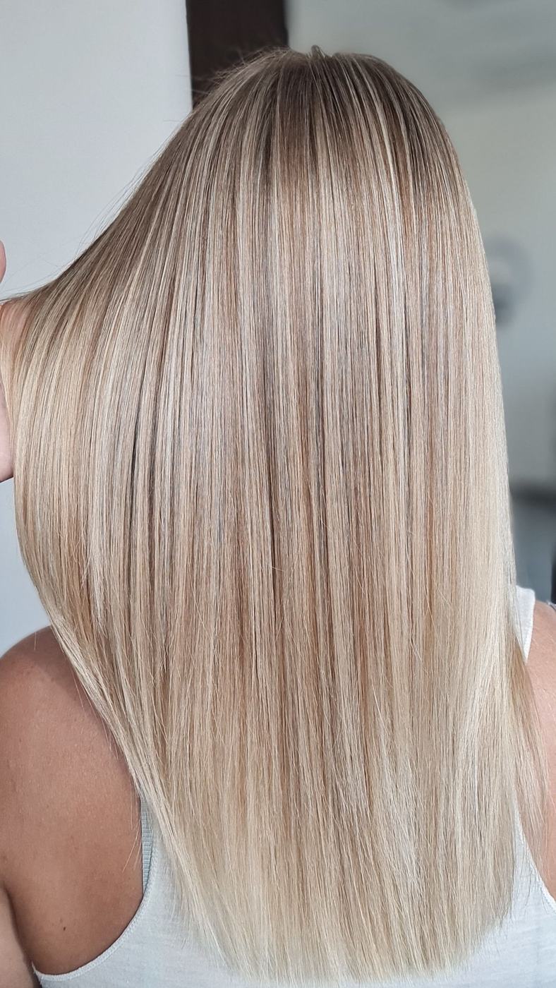 Blonde highlights and gloss on straight hair at LUV Beauty Club Miami