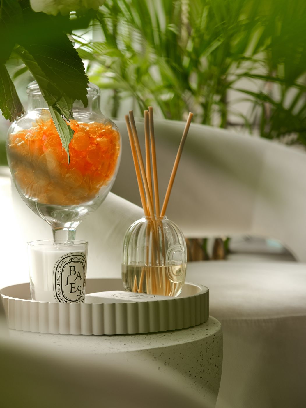 Scented candle and diffuser among plants at LUV Beauty Club Miami